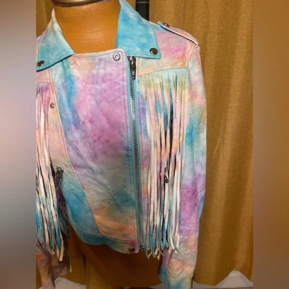 **RARE** Blank NYC Tie Dye Fringe Leather Moto Jacket - Picture 5 of 16